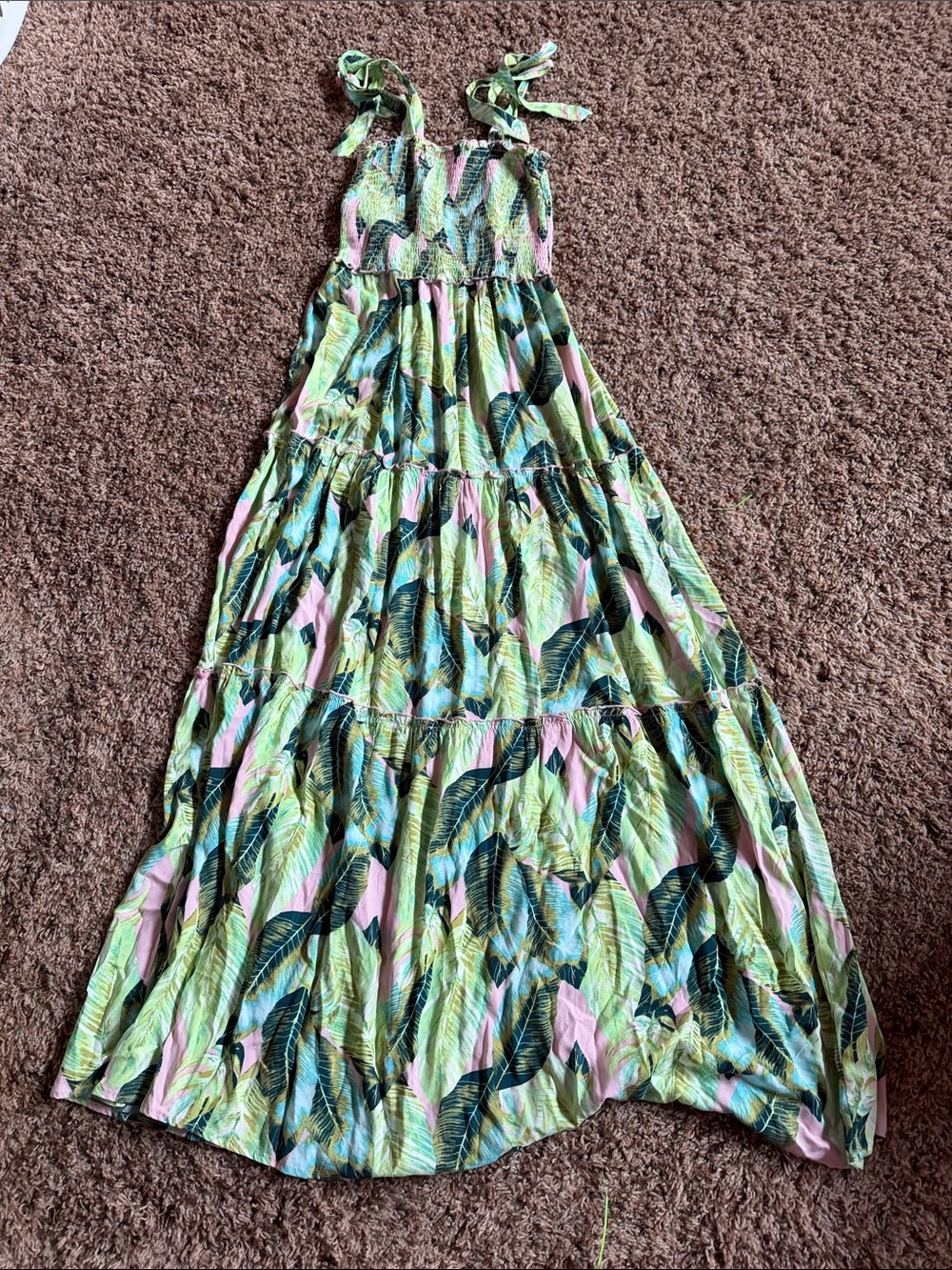 BeBop Green Pink Tropical Print Tie-Strap Maxi Dress